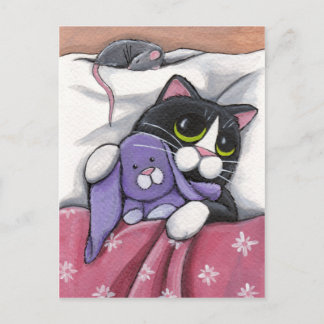 Carte Postale Bunny Hugz | Tuxedo Cat et Toy Bunny Illustration