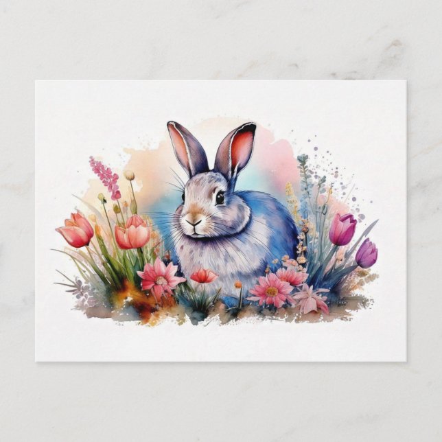 Carte postale Bunny Spring Aquarelle - Lapin Flora (Devant)