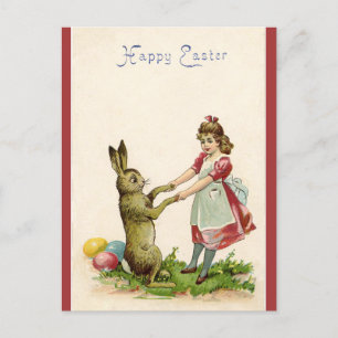 Carte Postale Bunny vintage De Pâques Dansant Avec Une Petite Fi