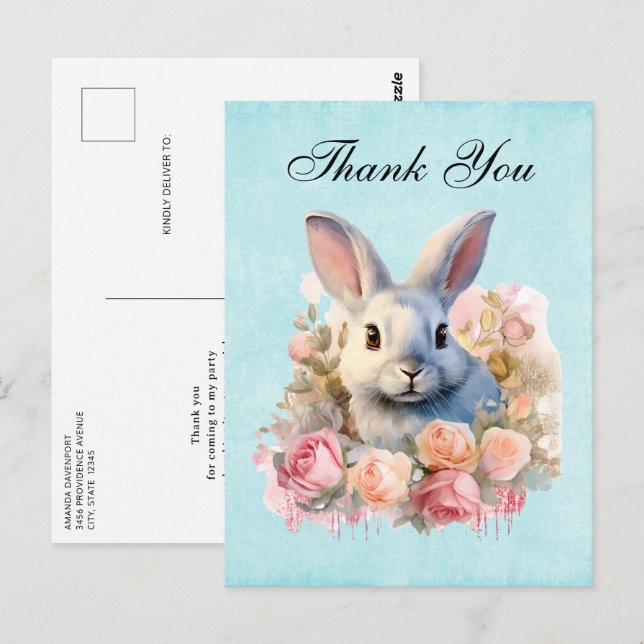 Carte Postale Bunny with a Garland of Roses Cute Thank You (Devant / Derrière)