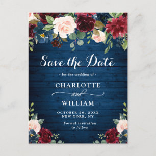Carte Postale Burgundy Bleu Blush Floral Wedding Enregistrer la 