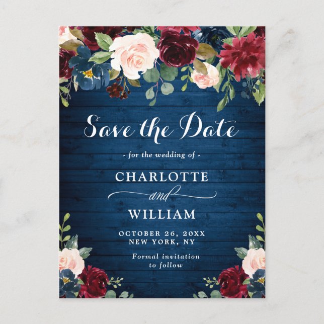 Carte Postale Burgundy Bleu Blush Floral Wedding Enregistrer la  (Devant)