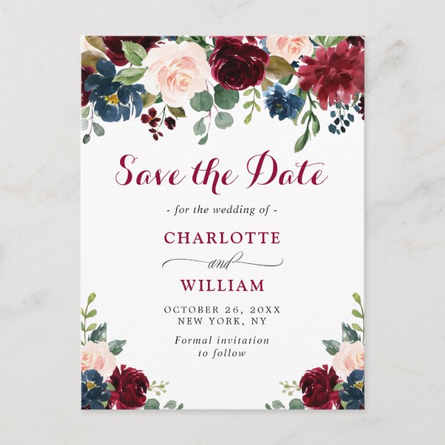 Carte Postale Burgundy Bleu Blush Floral Wedding Enregistrer la  (Devant)