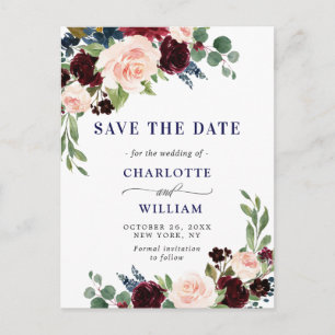 Carte Postale Burgundy Bleu Blush Floral Wedding Enregistrer la 