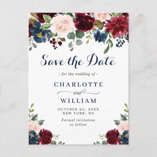 Carte Postale Burgundy Bleu Blush Floral Wedding Enregistrer la  (Devant)