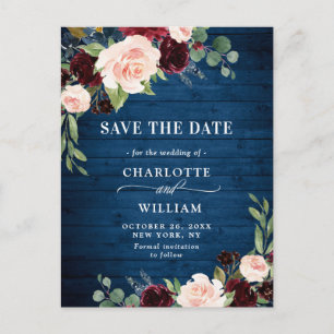 Carte Postale Burgundy Bleu Blush Floral Wedding Enregistrer la 