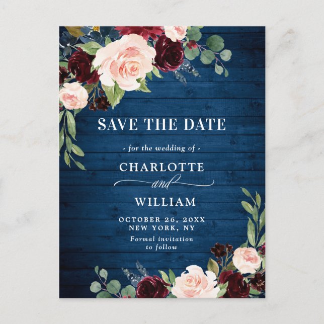 Carte Postale Burgundy Bleu Blush Floral Wedding Enregistrer la  (Devant)