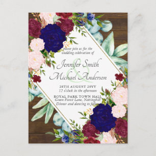 Carte Postale Burgundy Blue Pink Floral Enregistrer Date Mariage