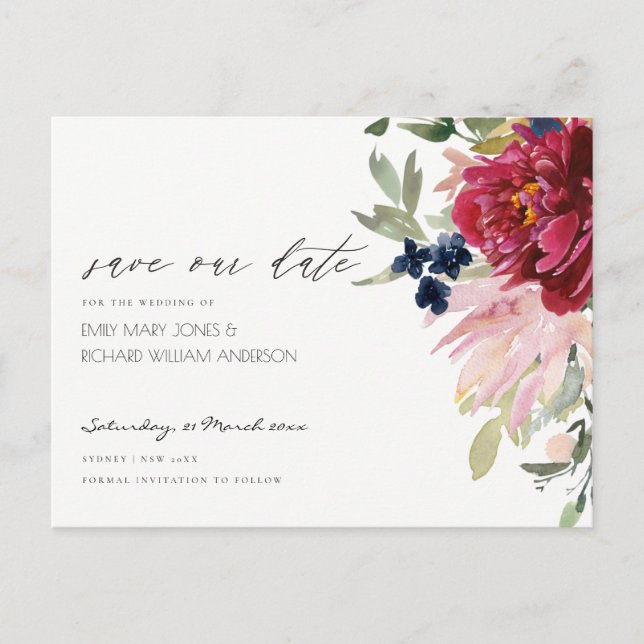 Carte Postale Burgundy Blush Blue Floral Wedding Enregistrer la  (Devant)