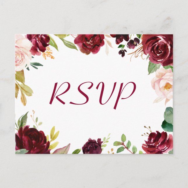 Carte Postale Burgundy Blush Chic Floral Wedding Réponse RSVP (Devant)