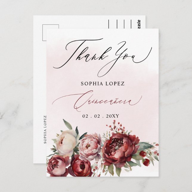 Carte Postale Burgundy Blush Floral Quinceañera Merci (Devant / Derrière)
