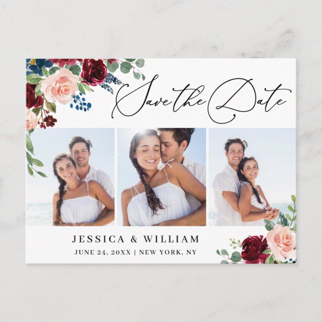 Carte Postale Burgundy Blush Navy 3 PHOTO Mariage Enregistrer la (Devant)