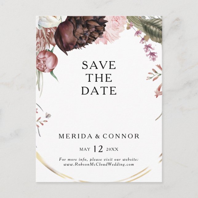 Carte postale Burgundy Boho Floral Save The Date (Devant)