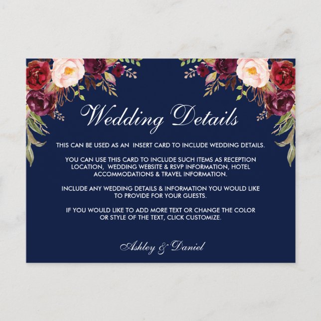 Carte Postale Burgundy Floral Blue Détails du Mariage Insérer un (Devant)