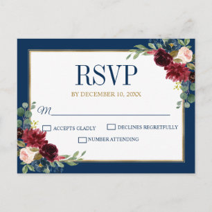 Carte Postale Burgundy Floral Gold Navy Blue Rustic Wedding RSVP