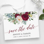 Carte Postale Burgundy Floral Greenery Calligraphy Save The Date<br><div class="desc">Modern Calligraphy Script,  Elegant Watercolor Burgundy Floral Greenery Engagement Announcement Wedding Save The Date Postcard includes peonies,  eucalyptus leaves and other beautiful greenery.</div>
