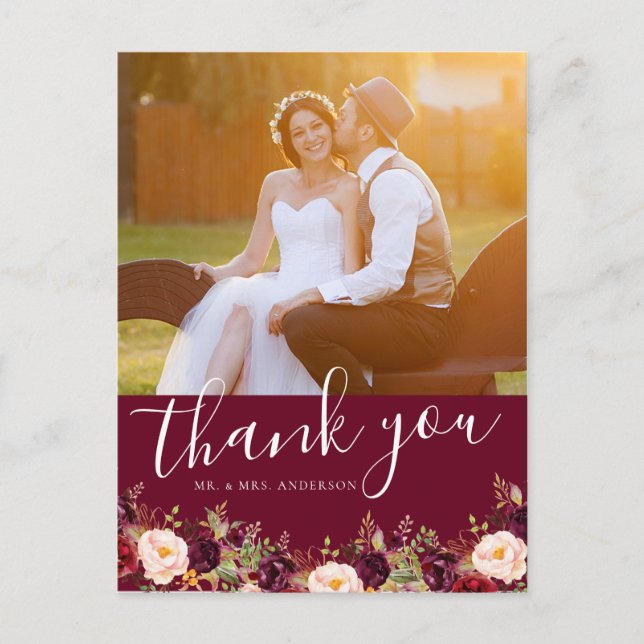 Carte Postale Burgundy Floral Photo Rustique Mariage Merci (Devant)