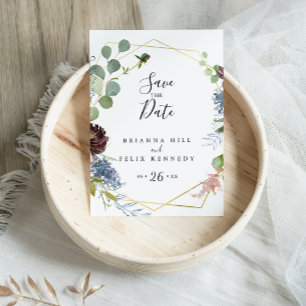 Carte Postale Burgundy Gold Géométrique Enregistrer la date