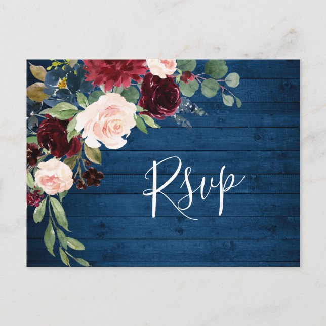 Carte Postale Burgundy Marine Bleu Aquarelle Blush Mariage RSVP (Devant)