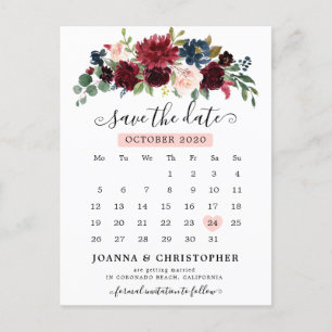 Carte Postale Burgundy Navy Blush Floral Enregistrer la date