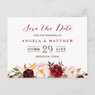 Carte Postale Burgundy Red Blush Floral Wedding Enregistrer la d