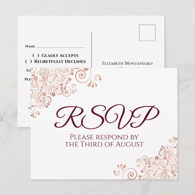 Carte Postale Burgundy & Rose Gold Dentelle Blanc Mariage RSVP (Devant / Derrière)