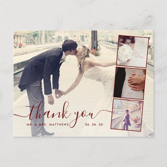 Carte Postale Burgundy Script 4 Photo Collage Mariage Merci (Devant)