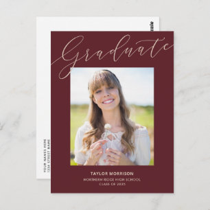Carte Postale Burgundy Script Graduate 1-Photo Graduation