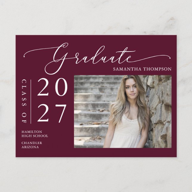 Carte Postale Burgundy Script School Graduate Faire-part Photo (Devant)