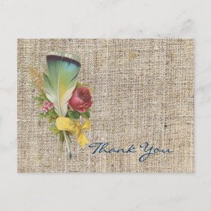 Carte Postale burlap boho plume fleur sauvage bohème merci