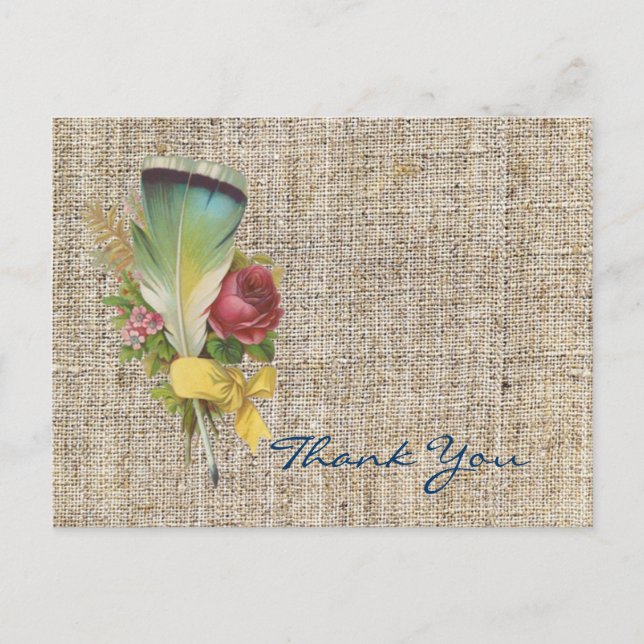 Carte Postale burlap boho plume fleur sauvage bohème merci (Devant)