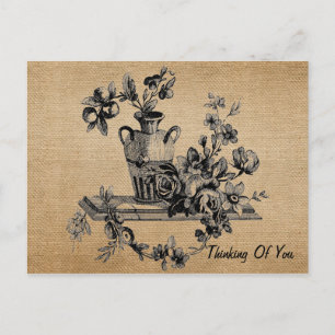 Carte Postale Burlap Fleurs Vintages dans Vase Thinking of You