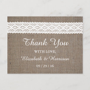 Carte Postale Burlap Rustique et Vintage Mariage en dentelle bla