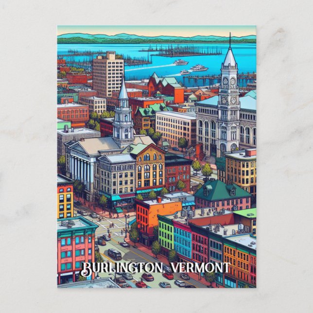 Carte Postale Burlington, Vermont Comic Style Art (Devant)