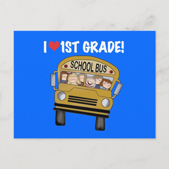 Carte Postale Bus scolaire I Love 1st Grade Tshirts et cadeaux (Devant)