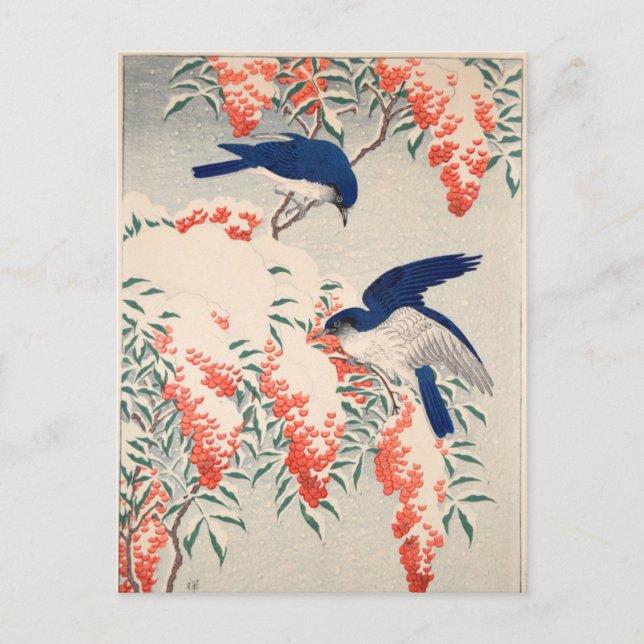 Carte Postale Bush et Fly Catchers en neige par Ohara Koson (Devant)