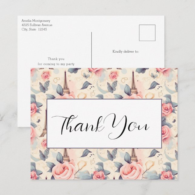Carte Postale Butterfly Tour Eiffel et Merci Motif (Devant / Derrière)