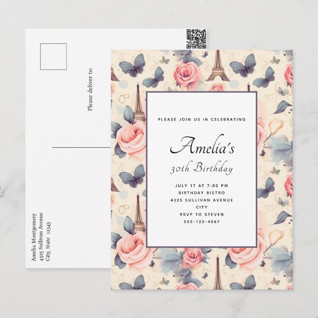 Carte Postale Butterfly Tour Eiffel et Motif Rose Anniversaire (Devant / Derrière)