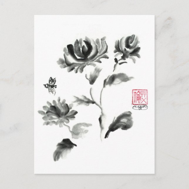 Carte Postale Buzzz, Rose de Sumi-e avec abeille (Devant)
