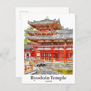 Carte Postale Byodoin Temple Japon Voyage Aquarelle main tirée