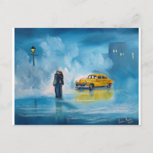 CARTE POSTALE CAB DE TAXI JAUNE COUPLE JOUR DE PLUIE