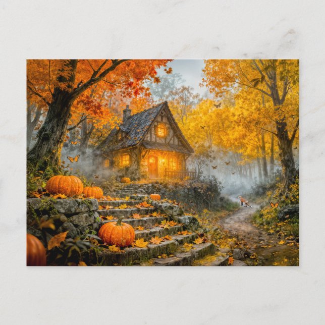 Carte Postale Cabane de forêt d'Halloween avec citrouilles, chem (Devant)