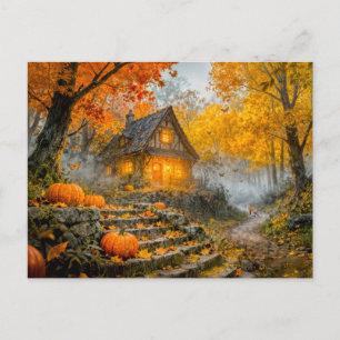 Carte Postale Cabane de forêt d'Halloween avec citrouilles, chem