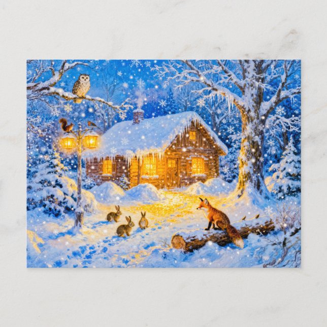 Carte Postale Cabane de forêt hivernale avec animaux des bois (Devant)