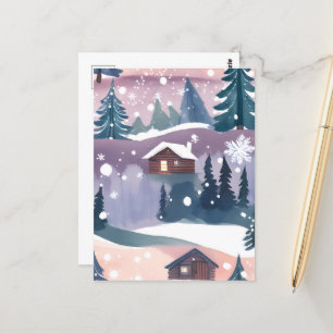 Carte Postale Cabane de montagne enneigée aquarelle