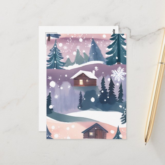 Carte Postale Cabane de montagne enneigée aquarelle (Devant/Arrière en situation)