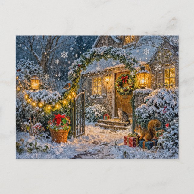 Carte Postale Cabane d'hiver avec Écureuil, Chat et Rougegorge A (Devant)