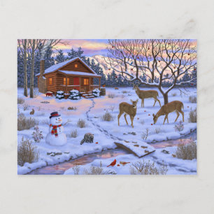 Carte Postale Cabane d'hiver cerf dans la neige scène de Noël