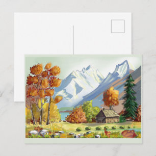 Carte Postale Cabane en montagne couleurs d'automne. peinture.