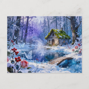Carte Postale Cabane enneigée de la forêt enchantée avec pont et